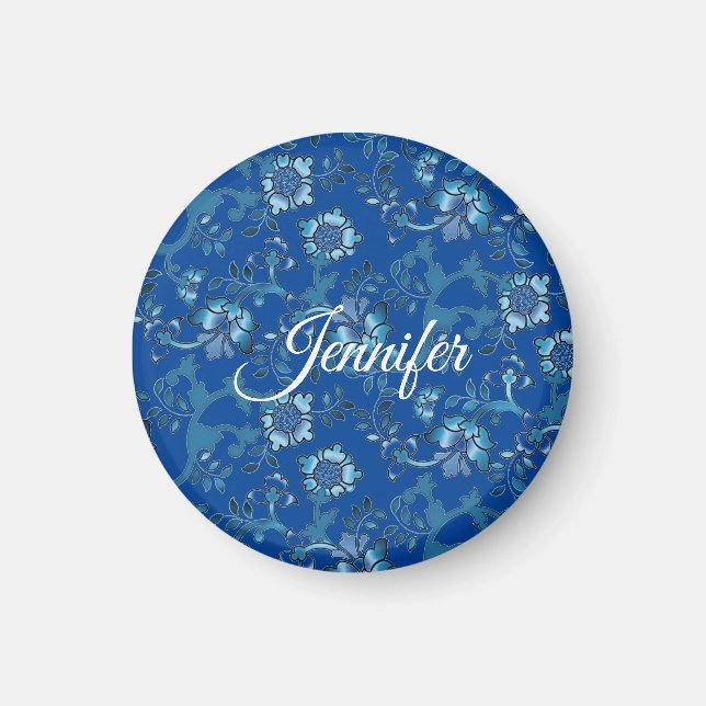 Aimant Calligraphie Elégant bleu Floral Nom personnalisé (Devant)