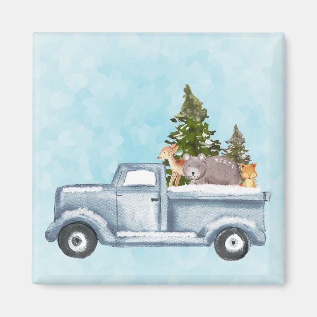 Aimant Camion de Noël avec pins et animaux de forêt (Devant)