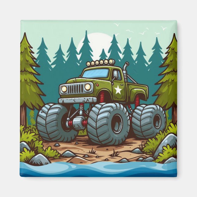 Aimant Camion Monster Vert dans la forêt (Devant)