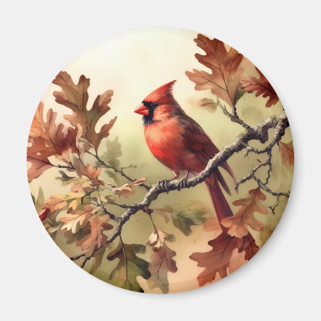 Aimant Cardinal aquarelle et feuilles d'automne (Devant)