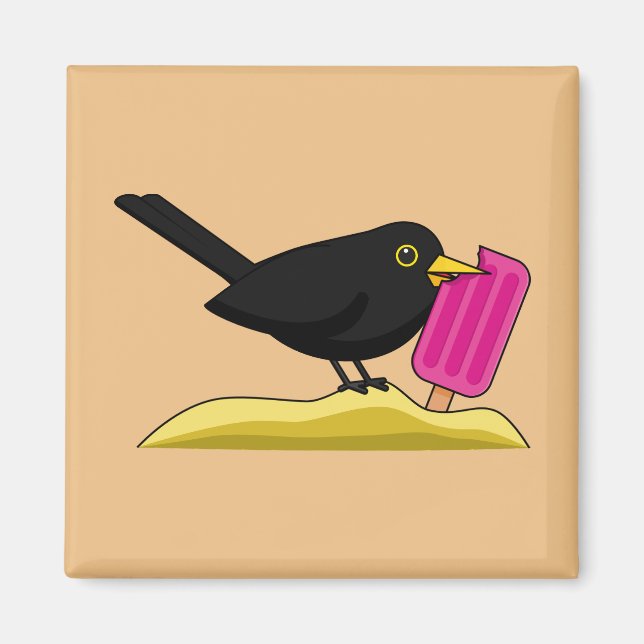 Aimant Caricature Blackbird Manger Une Crème De Glace (Devant)