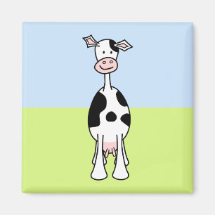Aimant Caricature de vache noire et blanche. Devant.