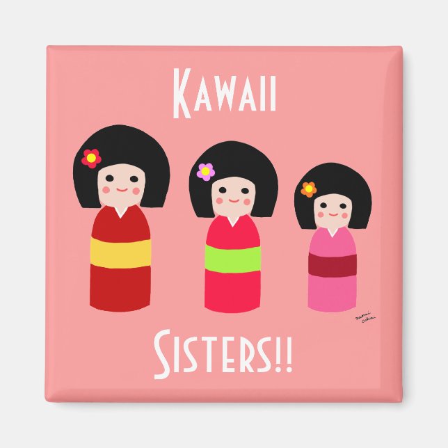 Aimant Caricature des soeurs de poupées Kokeshi (Devant)