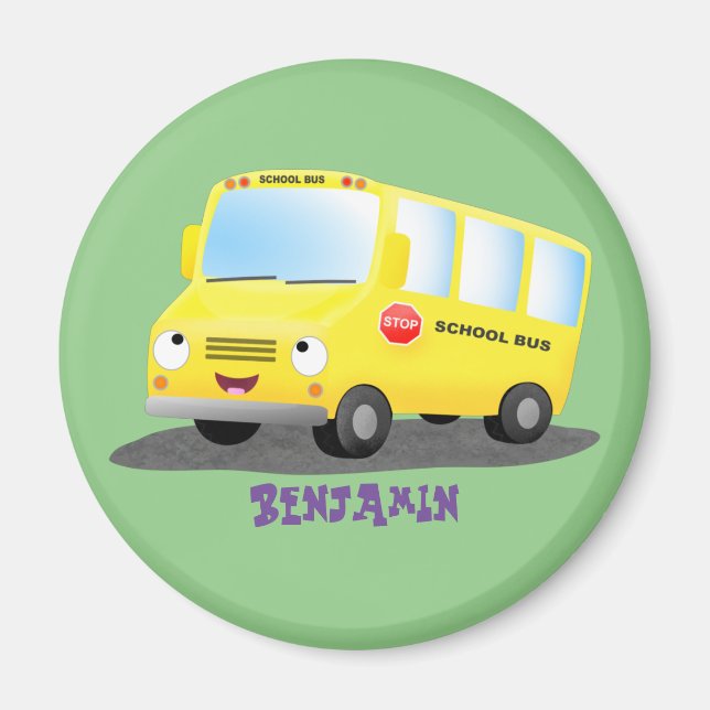 Aimant Caricature du bus scolaire jaune joyeux (Devant)
