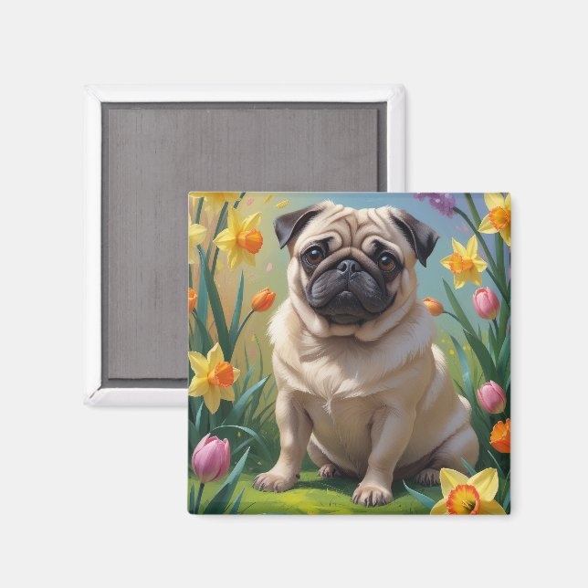 Aimant Carlin Fleurs de printemps de chien Peinture (Recto/Verso)