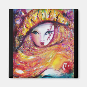 AIMANT CARNAVAL EN JAUNE D'OR AVEC ROSE ROUGE