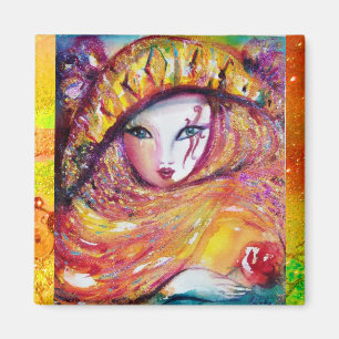 AIMANT CARNIVAL MASK IN GOLD YELLOW WITH RED ROSE