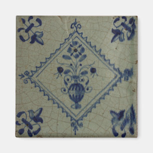 Aimant Carrelage Bleu Delft - Vase avec Fleurs et Bouquet