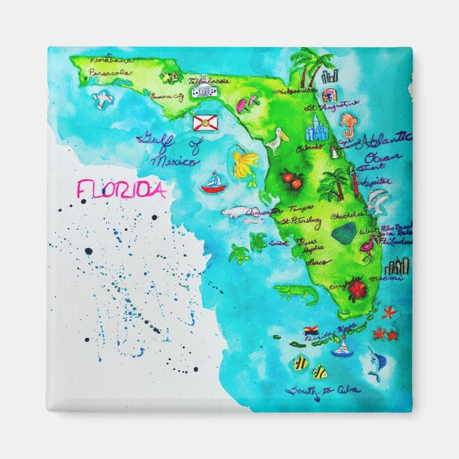 Aimant Carte de l'aquarelle de Floride (Devant)