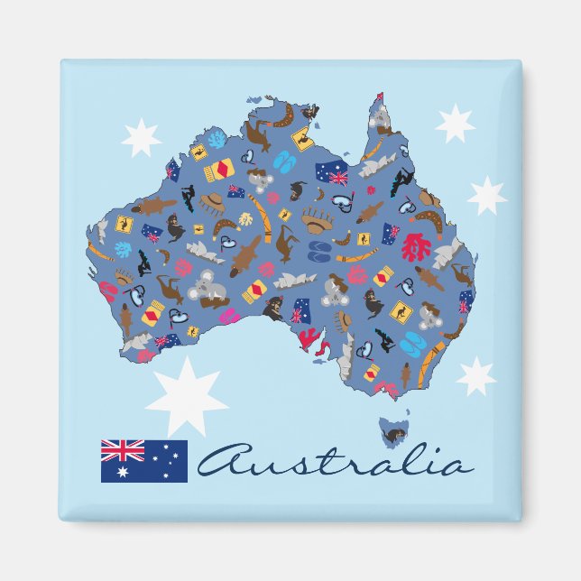 Aimant Carte de l'Australie avec des objets culturels (Devant)