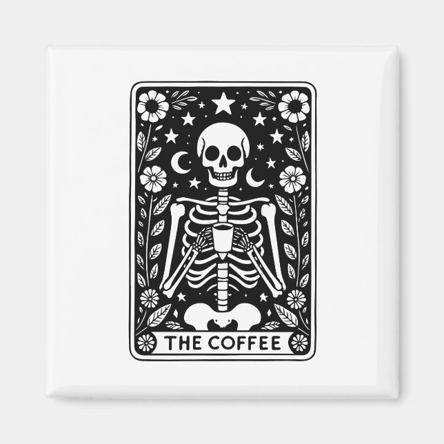Aimant Carte de tarot squelette monochrome "Le café" | (Devant)