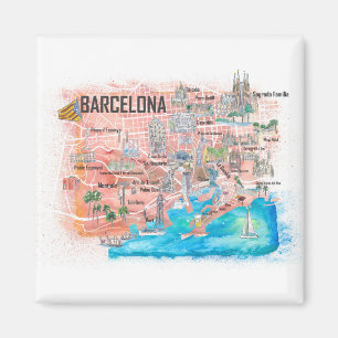 Aimant Carte de voyage illustrée de Barcelone avec route