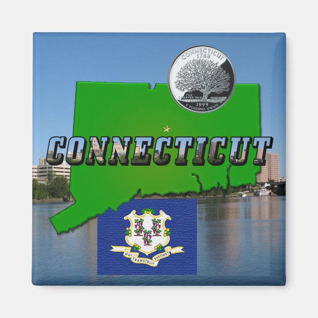 Aimant Carte du Connecticut, Texte, Trimestre des couleur (Devant)