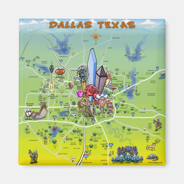 Aimant Carte du dessin animé de Dallas Texas (Devant)