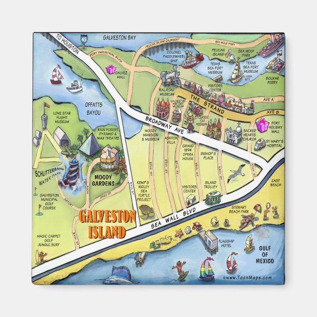 Aimant Carte du dessin animé Galveston Texas (Devant)