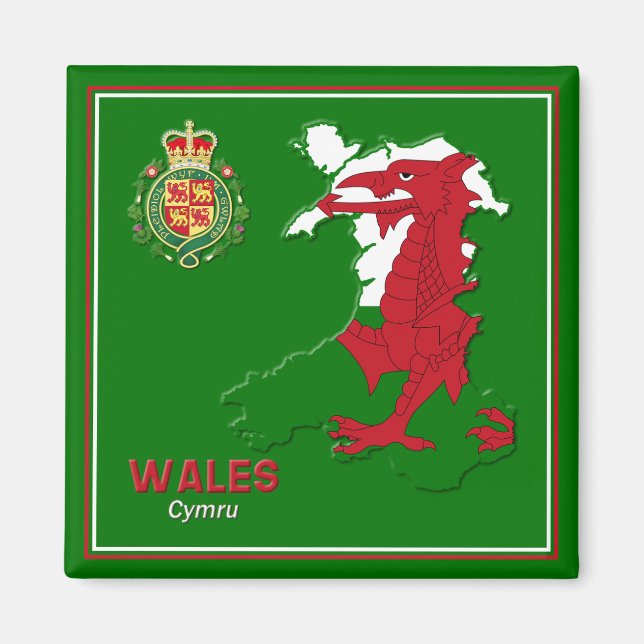 Aimant Carte du drapeau du Pays de Galles et insigne roya (Devant)