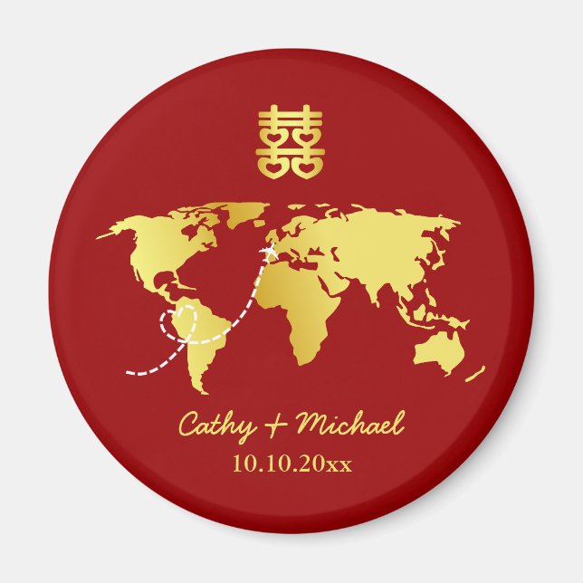 Aimant Carte du monde rouge et or destination mariage chi (Devant)