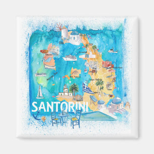 Aimant Carte illustrée de Santorin Grèce avec ses princ