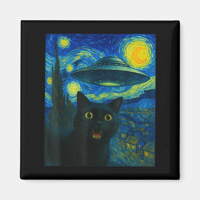 Aimant Cat Selfie With Alien Ufo Night Van Gogh Men Women (Devant)
