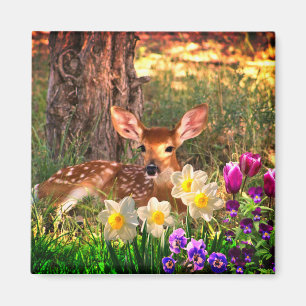 Aimant Cerf de famille avec jonquilles de fleurs de print