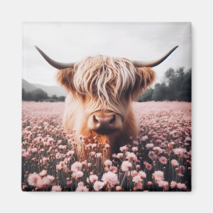 Aimant Champ de Fleur sauvage écossais Highland Cow