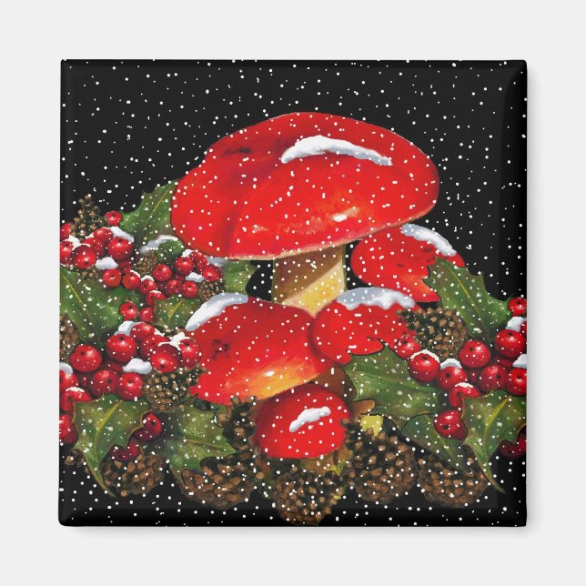 Aimant Champignon de Noël, Tabourets, Neige, Holly (Devant)