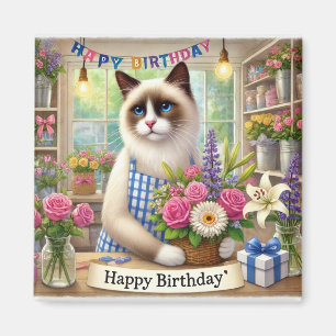 Aimant Chat à fleur Joyeux signe d'anniversaire