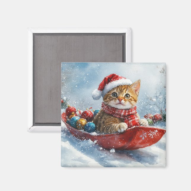 Aimant Chat abyssinien en sledge laissez-le neiger Noël (Recto/Verso)