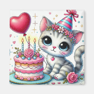 Aimant Chat adorable célébrant son anniversaire avec un g