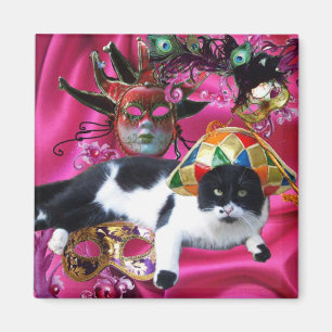 AIMANT CHAT AVEC CASQUETTE HARLEQUIN ET MASQUERADE DE FÊT