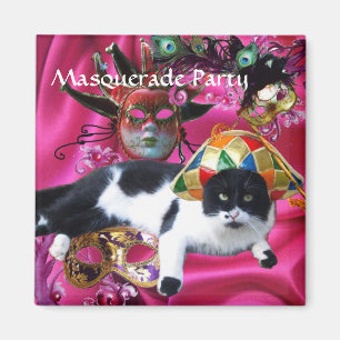 AIMANT CHAT AVEC CASQUETTE HARLEQUIN ET MASQUERADE DE FÊT