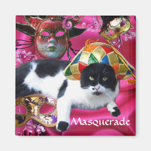 AIMANT CHAT AVEC CASQUETTE HARLEQUIN ET MASQUERADE DE FÊT