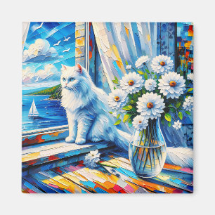 Aimant Chat blanc dans le rebord de fenêtre Vue sur l'océ