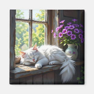 Aimant Chat blanc dormant et fleurs violettes
