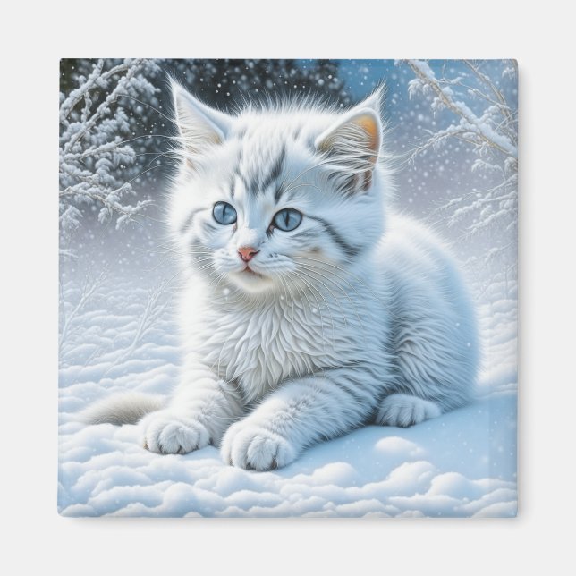 Aimant Chat blanc mignon jouant dans la neige (Devant)