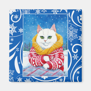 Aimant Chat blanc mignon, nature hivernale Noël