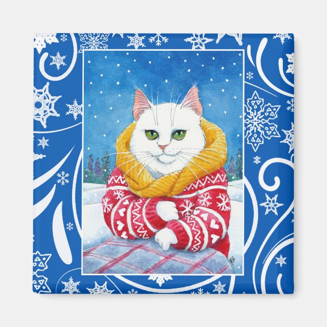 Aimant Chat blanc mignon, nature hivernale Noël (Devant)