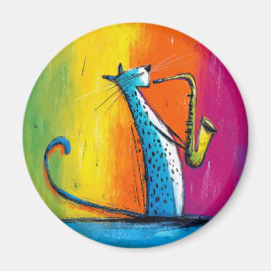 Aimant Chat bleu jouant du saxophone