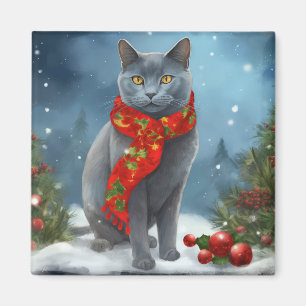 Aimant Chat Bleu Russe dans la neige de Noël