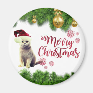 Aimant Chat, Chapeau de Père Noël, Boules de Noël