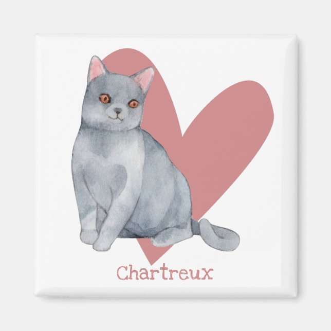 Aimant Chat Chartreux Aquarelle Kitty Coeur rose (Devant)
