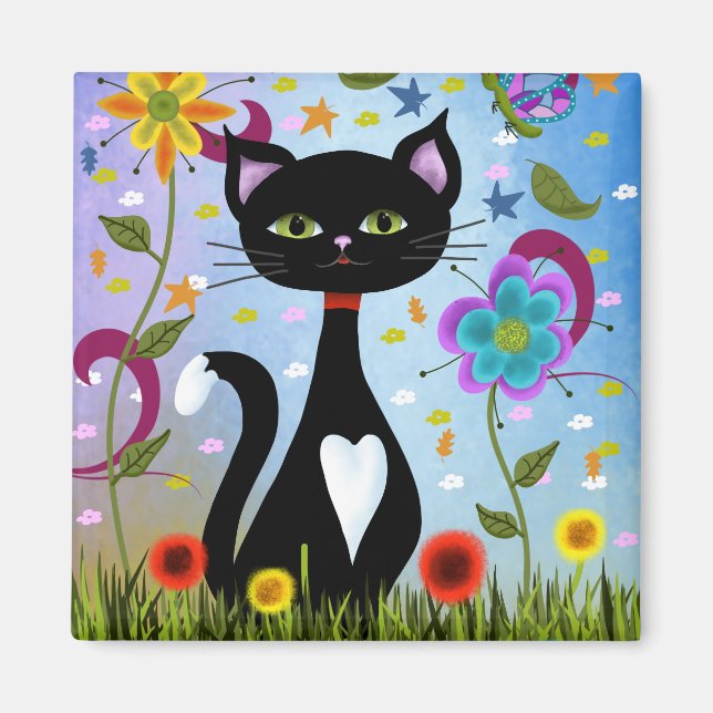 Aimant Chat Dans Un Jardin Art Abstrait (Devant)