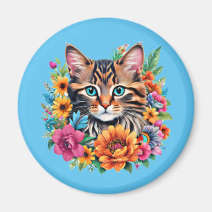 Aimant Chat dans une couronne florale colorée