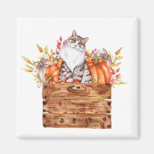 Aimant Chat d'automne et citrouilles en boîte