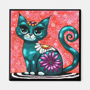Aimant Chat de chaton Whimsical assis sur le tapis Floral