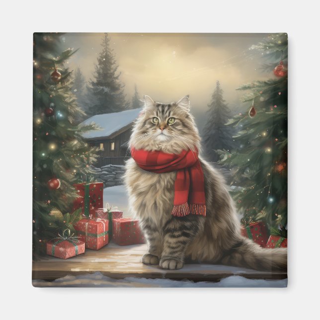 Aimant Chat de Sibérie en Noël de Neige (Devant)
