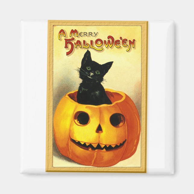 Aimant Chat d'Halloween assis dans une citrouille Jack O  (Devant)