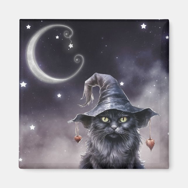 Aimant Chat d'Halloween noir portant un Casquette de sorc (Devant)