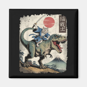 Aimant Chat drôle chevauchant T Rex Art Ukiyo-e Japonais