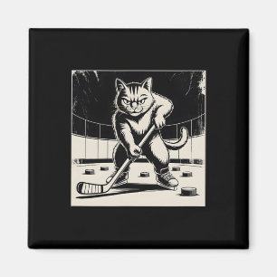 Aimant Chat drôle rétro jouant au hockey sur glace en pat